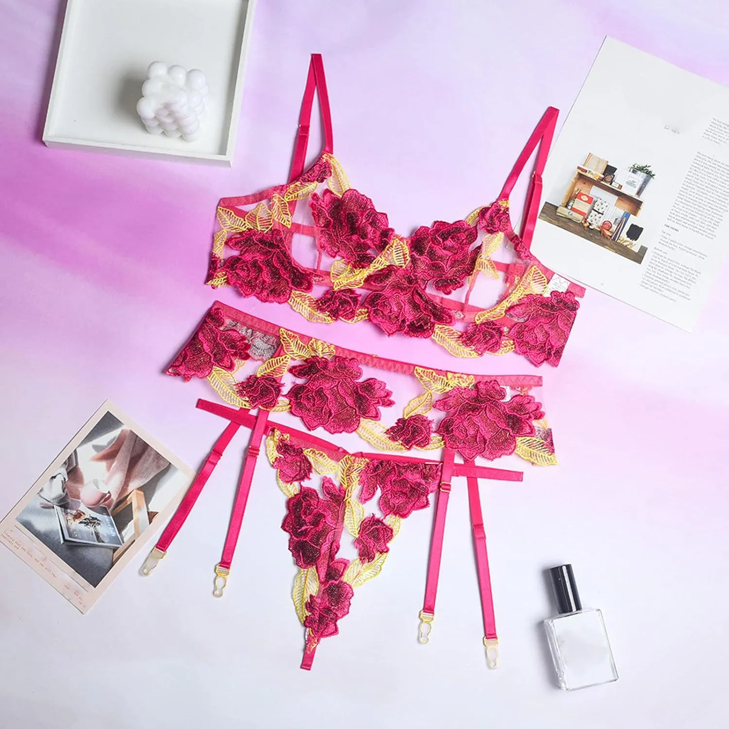Women Lingerie Set with Garter Belts Floral Embroidery Lace Bralette and Panty Set Strappy Exotic Babydoll Lingerie