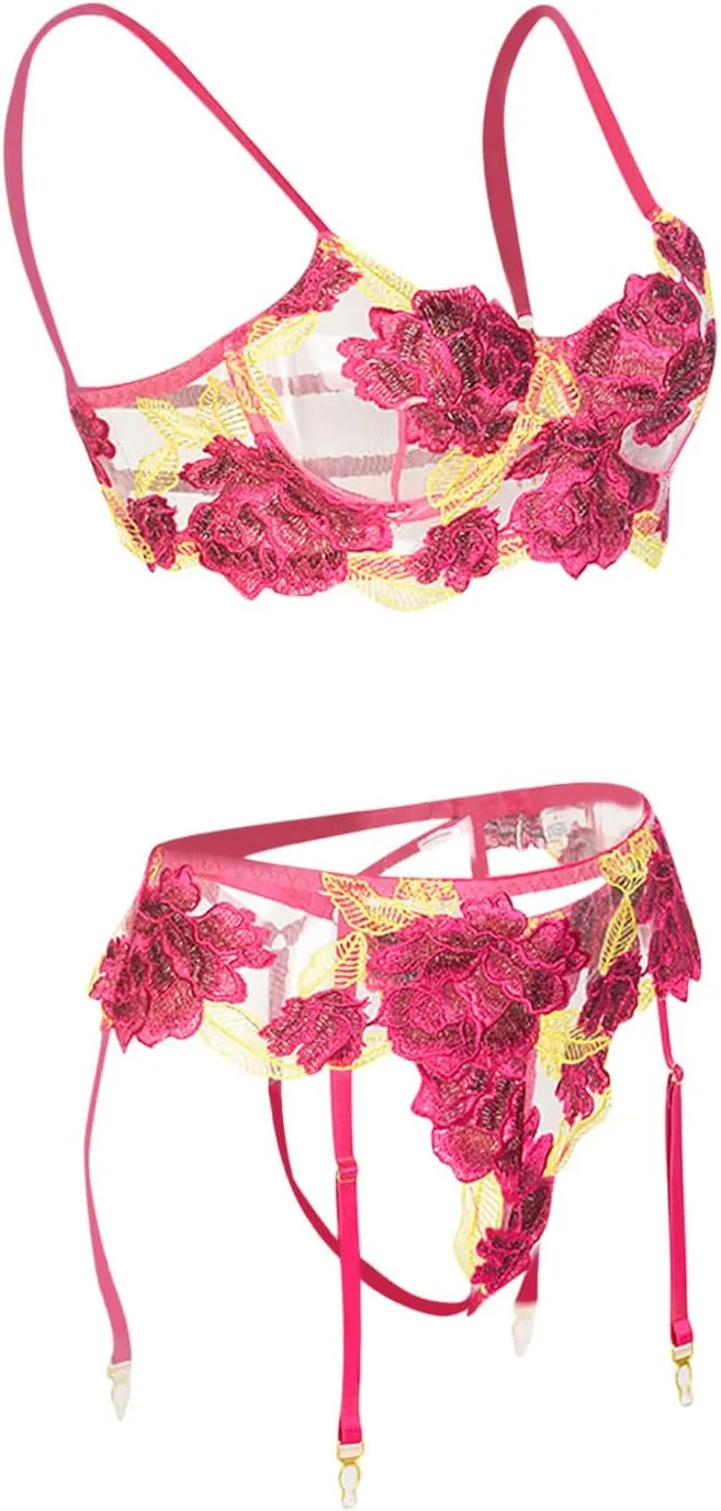 Women Lingerie Set with Garter Belts Floral Embroidery Lace Bralette and Panty Set Strappy Exotic Babydoll Lingerie