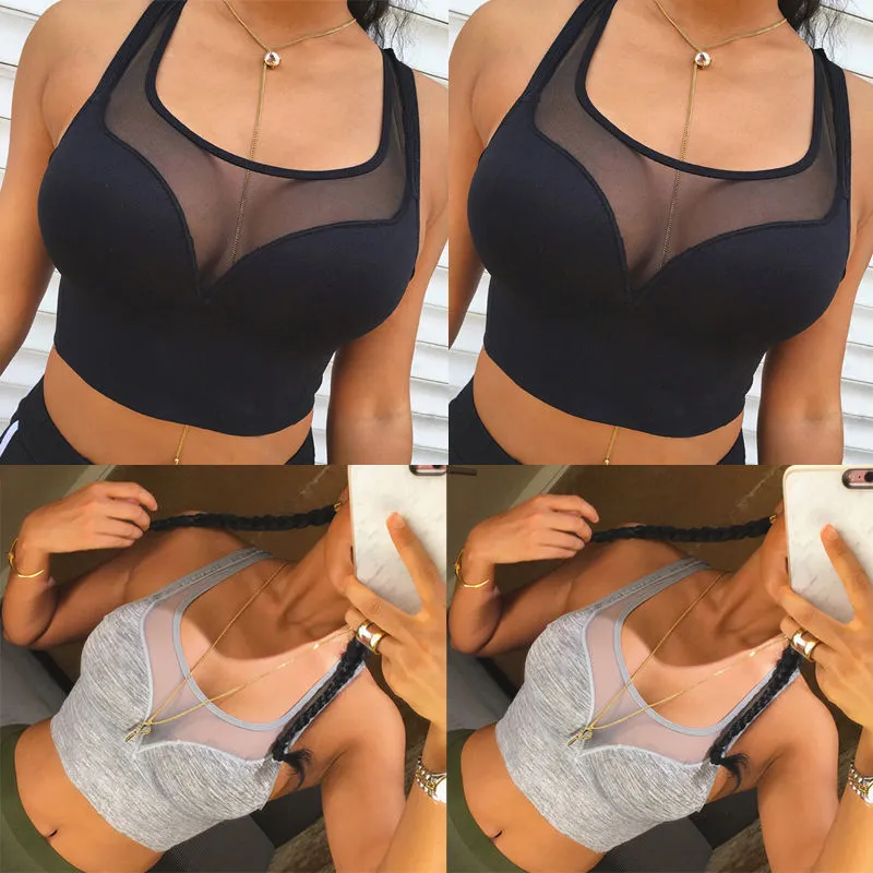 Women Mesh Spliced Sexy Translucent Sporty Tank Top Activewear
