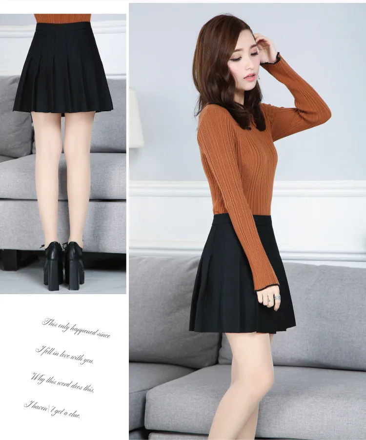 Women Pleated Skirt College Elastic Waist A-Line Skirt