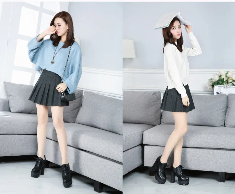 Women Pleated Skirt College Elastic Waist A-Line Skirt