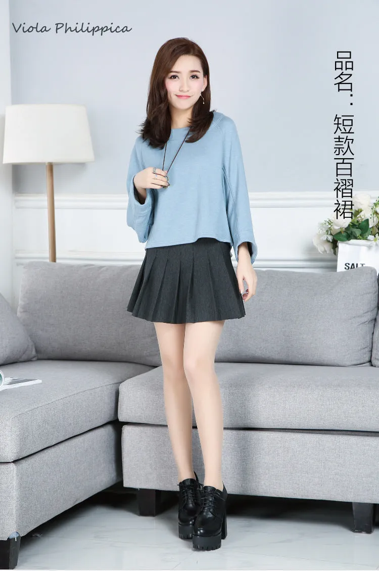 Women Pleated Skirt College Elastic Waist A-Line Skirt