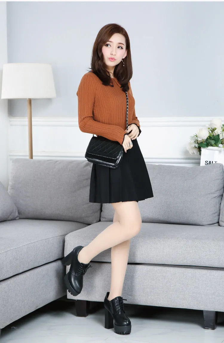 Women Pleated Skirt College Elastic Waist A-Line Skirt