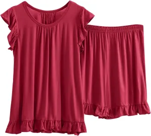 Women Plus Size Pajamas Sets Loungewear Soft Sleepwear Two Piece Summer Ruffle Sleeve Pjs Tank Top Shorts Lounge Set