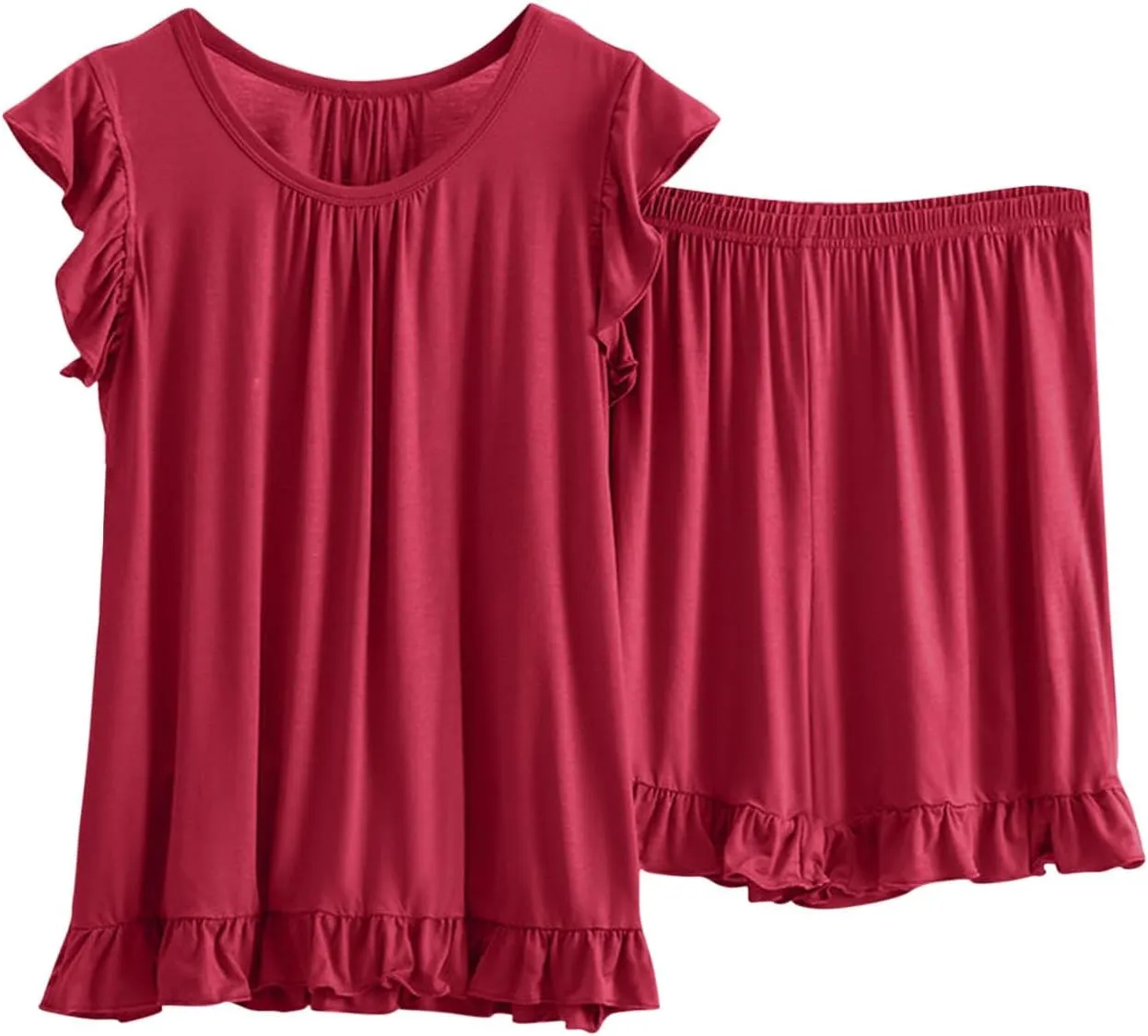 Women Plus Size Pajamas Sets Loungewear Soft Sleepwear Two Piece Summer Ruffle Sleeve Pjs Tank Top Shorts Lounge Set