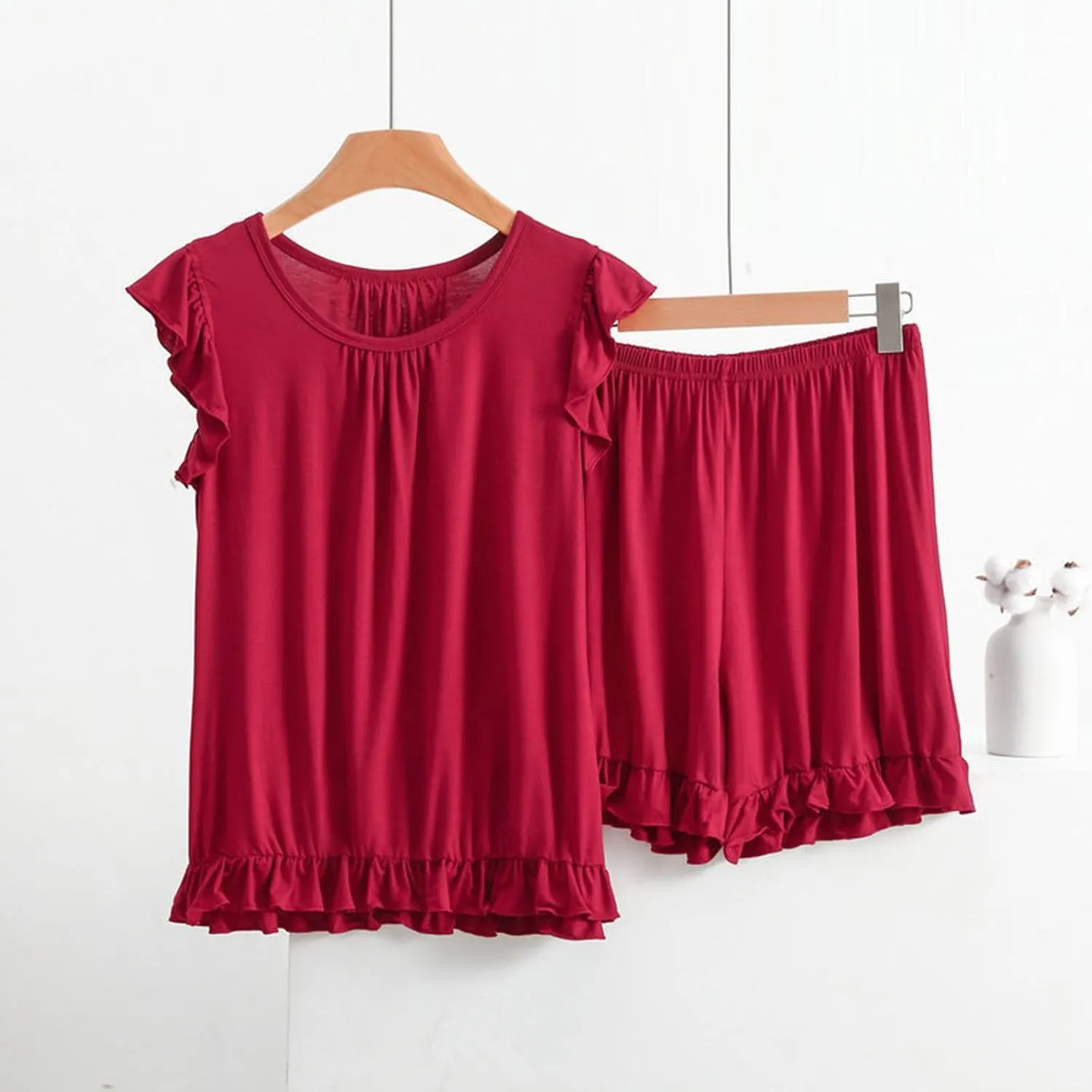 Women Plus Size Pajamas Sets Loungewear Soft Sleepwear Two Piece Summer Ruffle Sleeve Pjs Tank Top Shorts Lounge Set