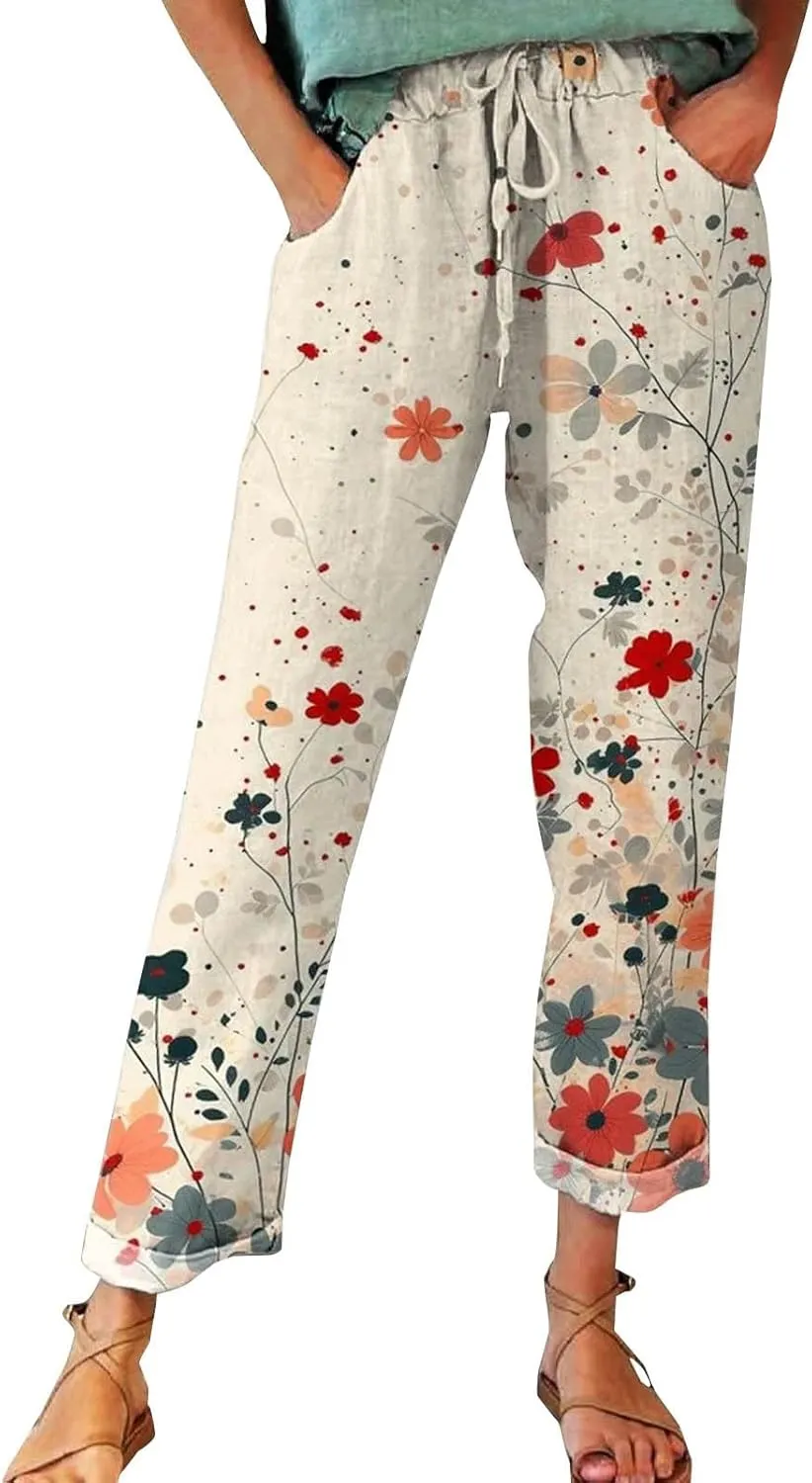 Women' s Culottes Linen Blend Wide Leg Pants Blend Drawstring Elastic Waist Pocket Long Wide Leg Pants Open Bottom