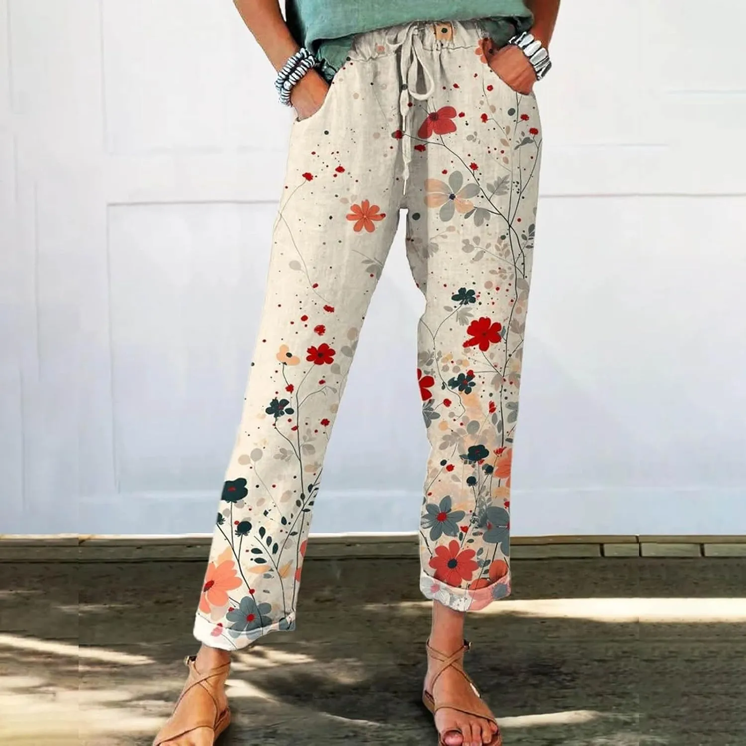 Women' s Culottes Linen Blend Wide Leg Pants Blend Drawstring Elastic Waist Pocket Long Wide Leg Pants Open Bottom