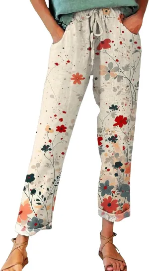 Women' s Culottes Linen Blend Wide Leg Pants Blend Drawstring Elastic Waist Pocket Long Wide Leg Pants Open Bottom