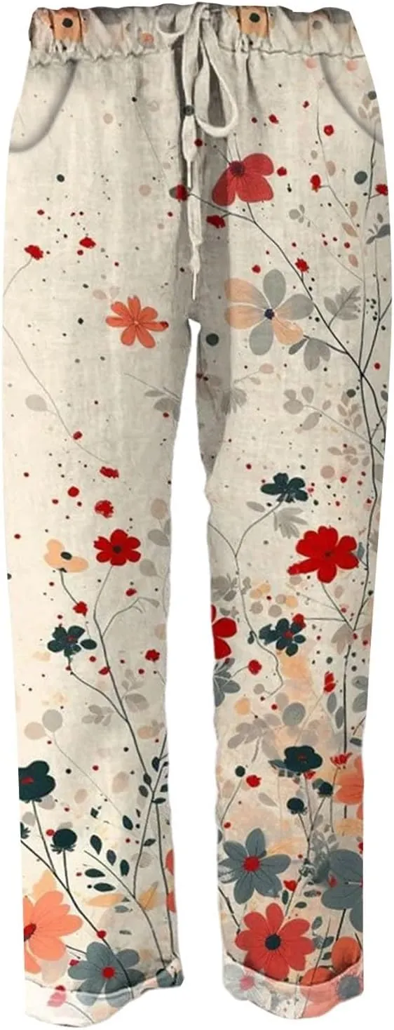 Women' s Culottes Linen Blend Wide Leg Pants Blend Drawstring Elastic Waist Pocket Long Wide Leg Pants Open Bottom