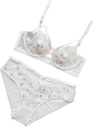 Women Sexy Lingerie Set Lace Bra and Panty Set 2 Piece Sheer Mesh Babydoll Bodysuit Bralette Underwear Pajams Set White
