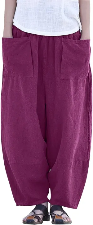 Women Summer High Elastic Waisted Linen Palazzo Pants Wide Leg Long Button Up Loose Pant Trousers with Pocket