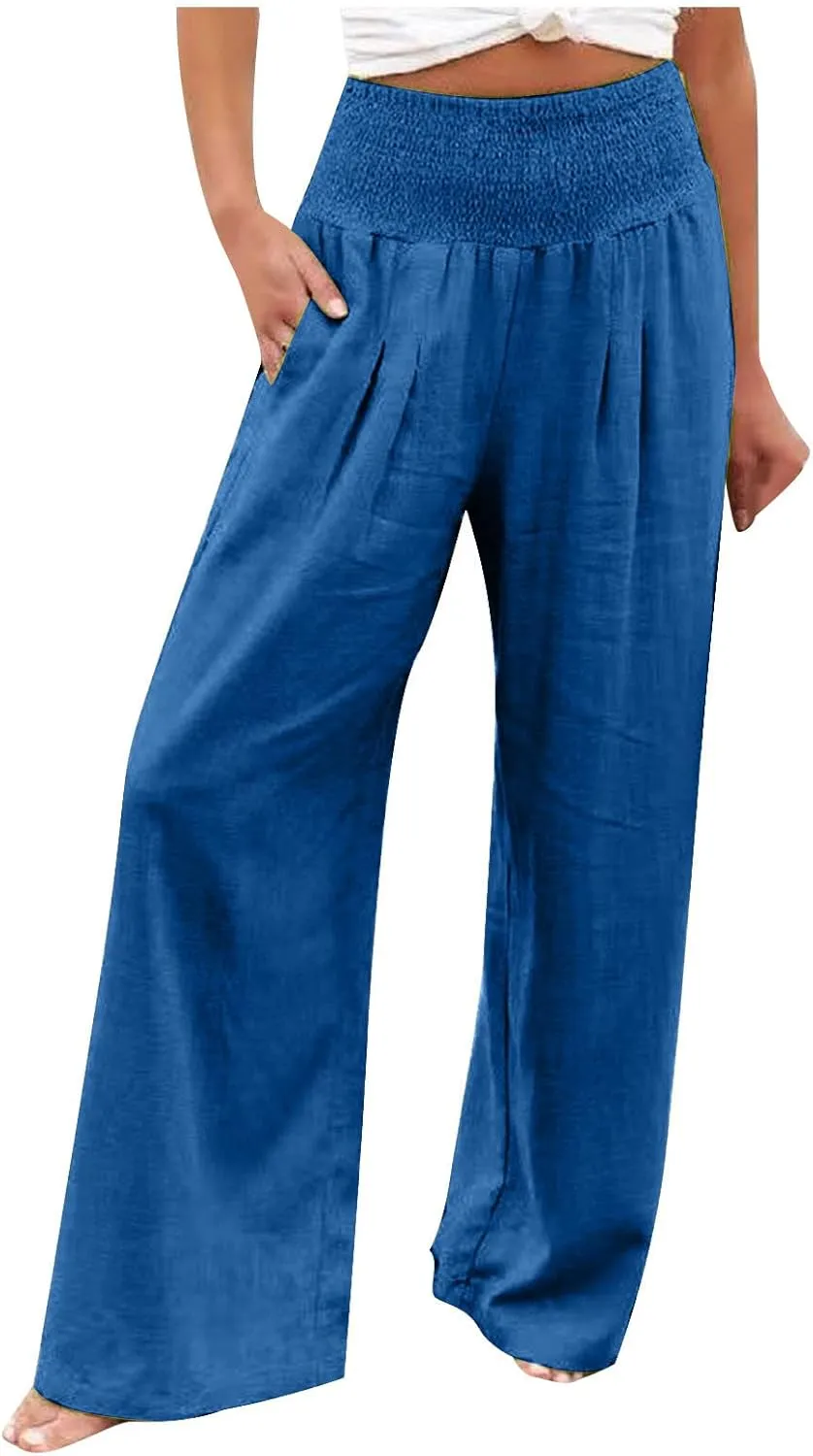 Women Summer High Waisted Cotton Linen Palazzo Pants Casual Loose Wide Leg Long Lounge Pant Trousers with Pockets