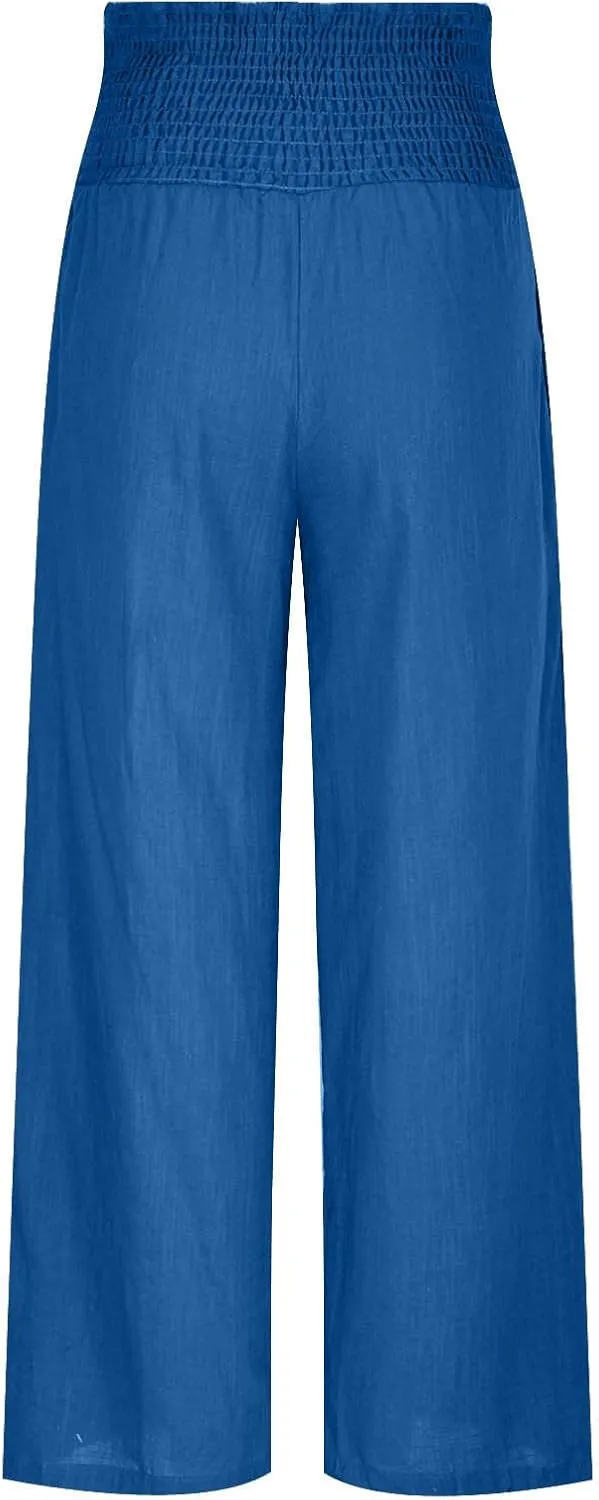 Women Summer High Waisted Cotton Linen Palazzo Pants Casual Loose Wide Leg Long Lounge Pant Trousers with Pockets