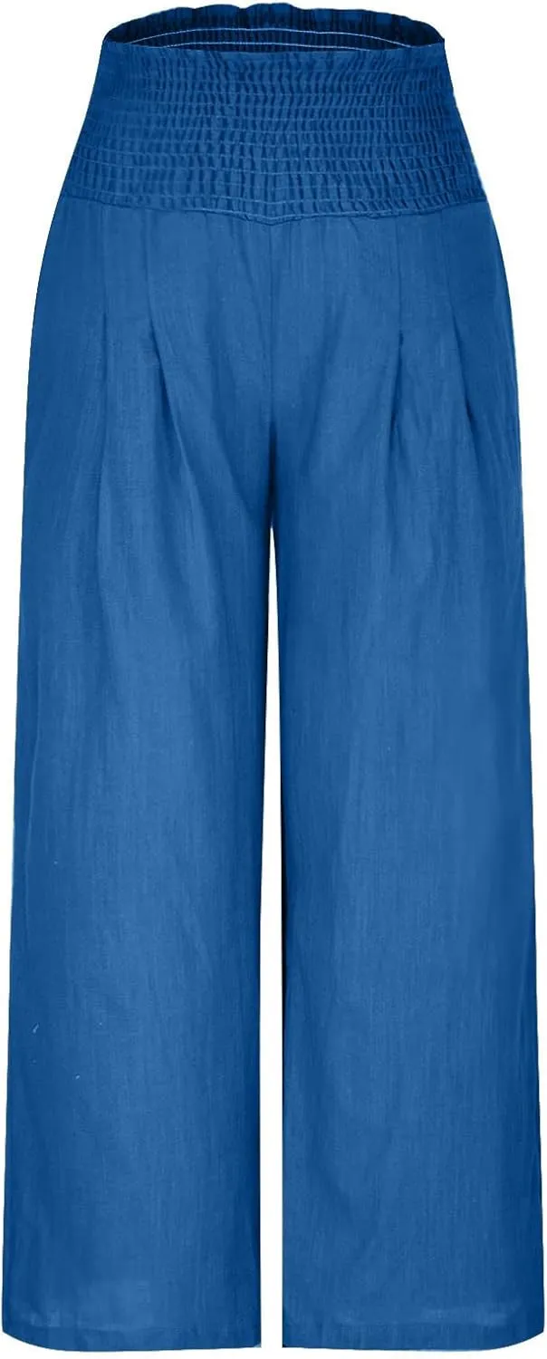 Women Summer High Waisted Cotton Linen Palazzo Pants Casual Loose Wide Leg Long Lounge Pant Trousers with Pockets