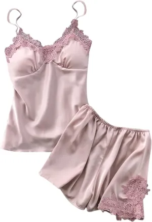 Womens 2 Piece Satin Pajamas Set Short Top Cami Shorts Sleepwear Lounge Set Loose And Comfortable Sleepwear Sets