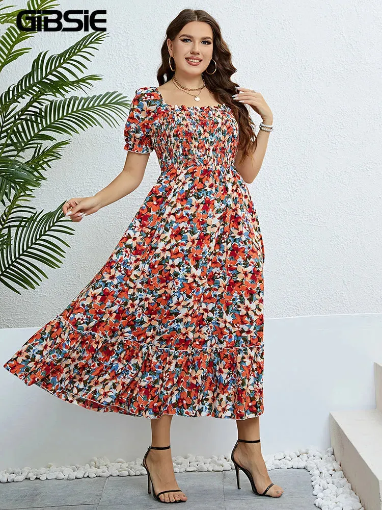 Women's 4XL Fashion Designer Floral A-Line Midi Dresses (Plus Size)