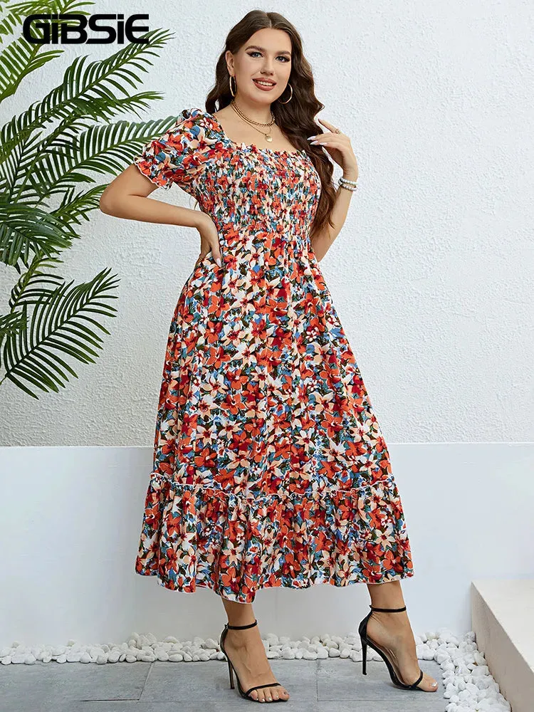 Women's 4XL Fashion Designer Floral A-Line Midi Dresses (Plus Size)