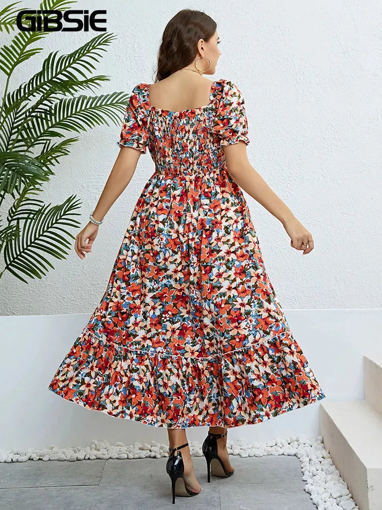 Women's 4XL Fashion Designer Floral A-Line Midi Dresses (Plus Size)