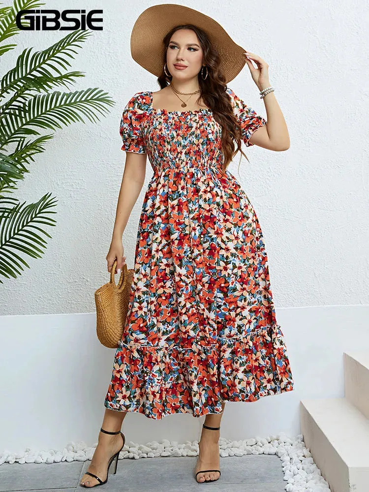Women's 4XL Fashion Designer Floral A-Line Midi Dresses (Plus Size)