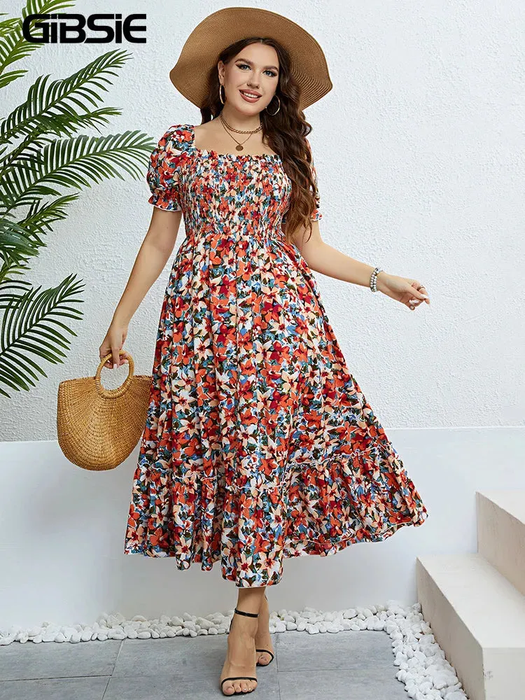 Women's 4XL Fashion Designer Floral A-Line Midi Dresses (Plus Size)