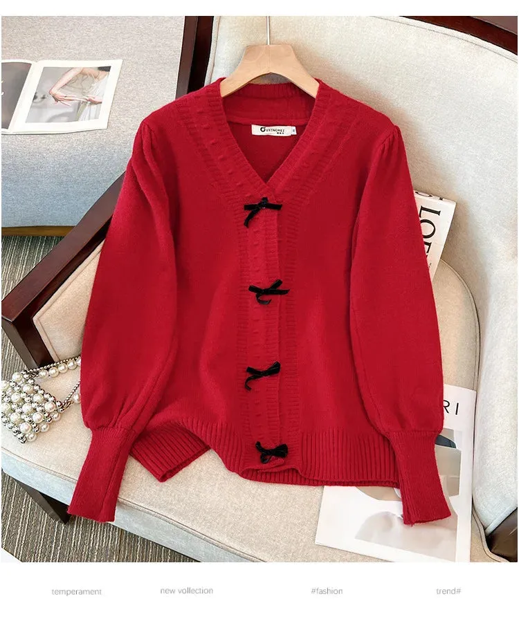 Women's 5-9XL Fashion Designer Loose V-Neck Bow Jerseys (Plus Size)