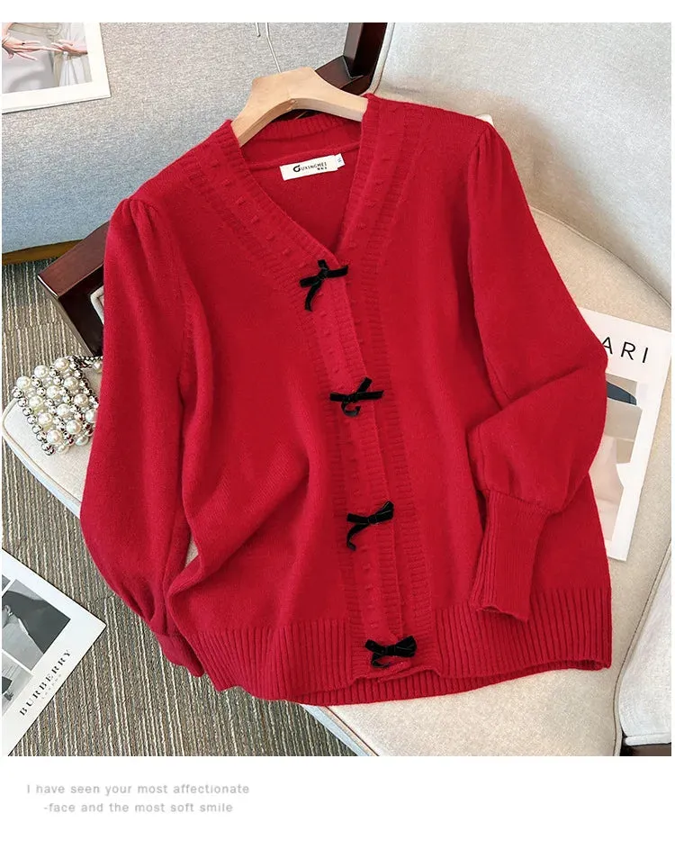 Women's 5-9XL Fashion Designer Loose V-Neck Bow Jerseys (Plus Size)