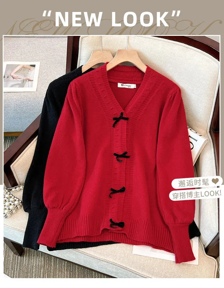 Women's 5-9XL Fashion Designer Loose V-Neck Bow Jerseys (Plus Size)
