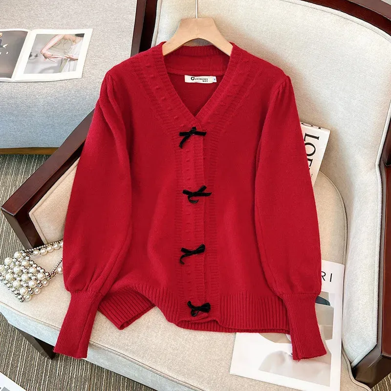 Women's 5-9XL Fashion Designer Loose V-Neck Bow Jerseys (Plus Size)