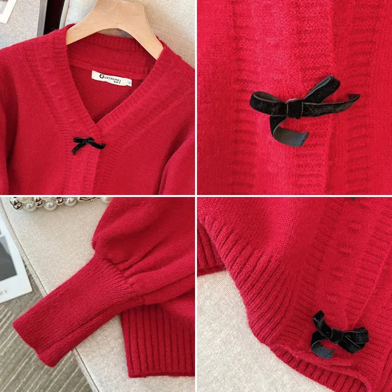 Women's 5-9XL Fashion Designer Loose V-Neck Bow Jerseys (Plus Size)