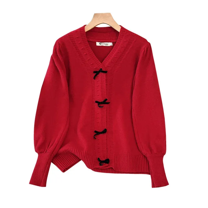 Women's 5-9XL Fashion Designer Loose V-Neck Bow Jerseys (Plus Size)