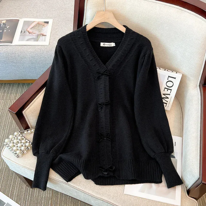 Women's 5-9XL Fashion Designer Loose V-Neck Bow Jerseys (Plus Size)
