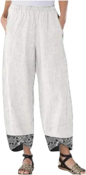 Women's Baggy Linen Wide Leg Trousers Casual Patchwark Elastic Waist Harem Pants Irregular Comfy Loose Crop Pants