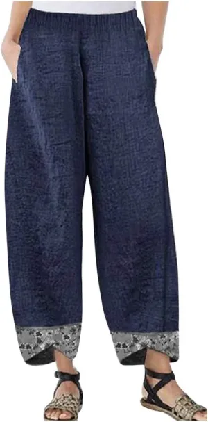 Women's Baggy Linen Wide Leg Trousers Casual Patchwark Elastic Waist Harem Pants Irregular Comfy Loose Crop Pants