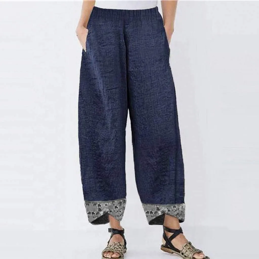 Women's Baggy Linen Wide Leg Trousers Casual Patchwark Elastic Waist Harem Pants Irregular Comfy Loose Crop Pants