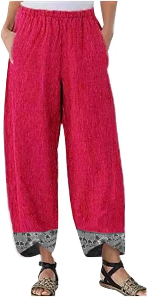 Women's Baggy Linen Wide Leg Trousers Casual Patchwark Elastic Waist Harem Pants Irregular Comfy Loose Crop Pants