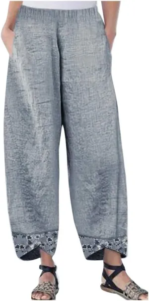 Women's Baggy Linen Wide Leg Trousers Casual Patchwark Elastic Waist Harem Pants Irregular Comfy Loose Crop Pants