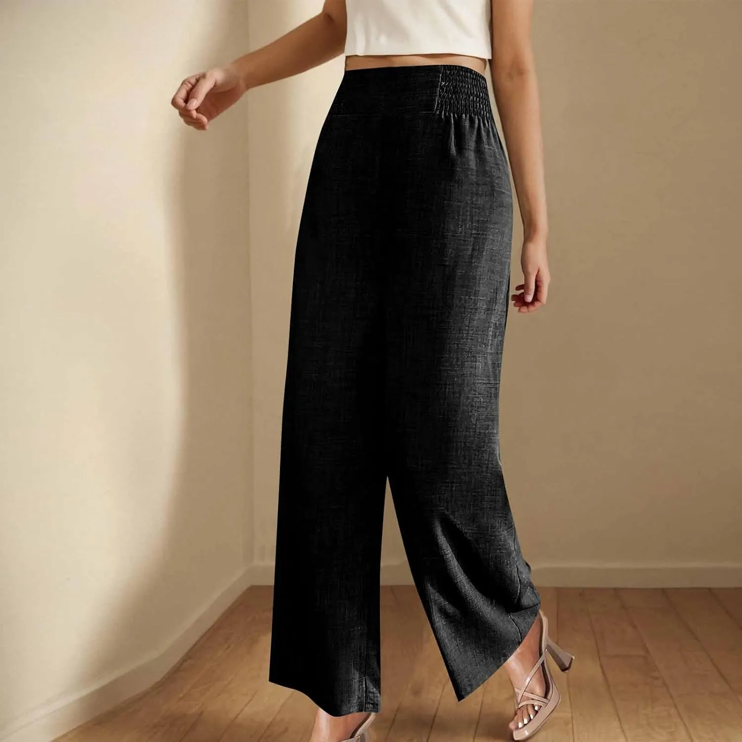 Womens Beach Pant Lightweight Soft Wide Leg Smart Trousers Lounge Trendy Straight Leg Pull on Palazzo Pant