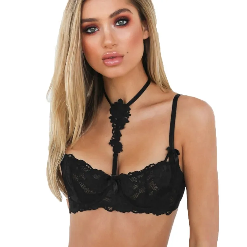 Women's Black Halter Lace Bra