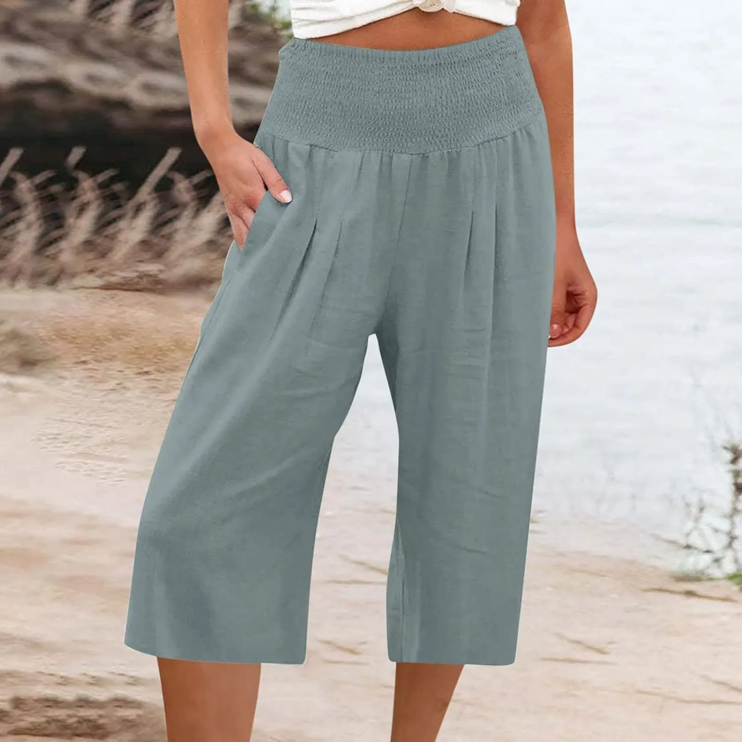 Women's Black Linen Capri Pants, Plus Size Summer Clothes, Palazzo Pants for Women