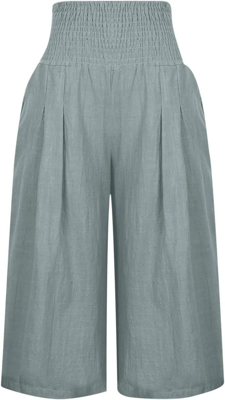 Women's Black Linen Capri Pants, Plus Size Summer Clothes, Palazzo Pants for Women