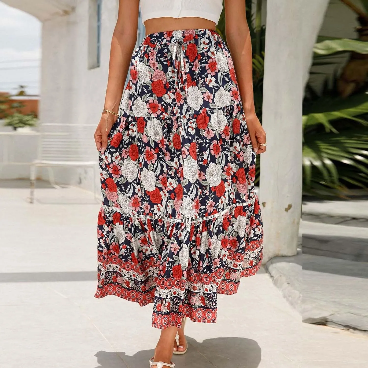 Womens Boho Maxi Skirts Vintage Elastic High Waist Floral Pleated A-Line Long Skirts Beach Vacation Clothes