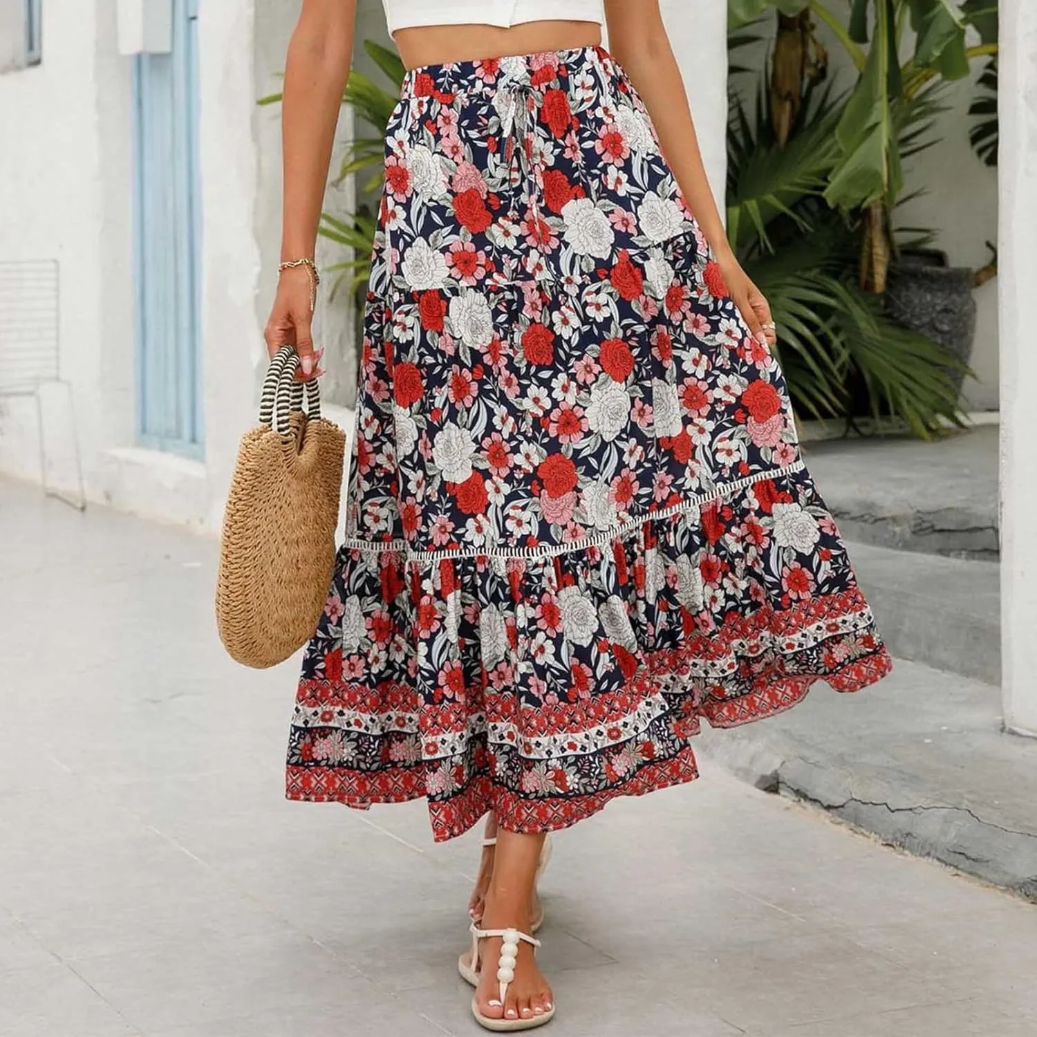 Womens Boho Maxi Skirts Vintage Elastic High Waist Floral Pleated A-Line Long Skirts Beach Vacation Clothes