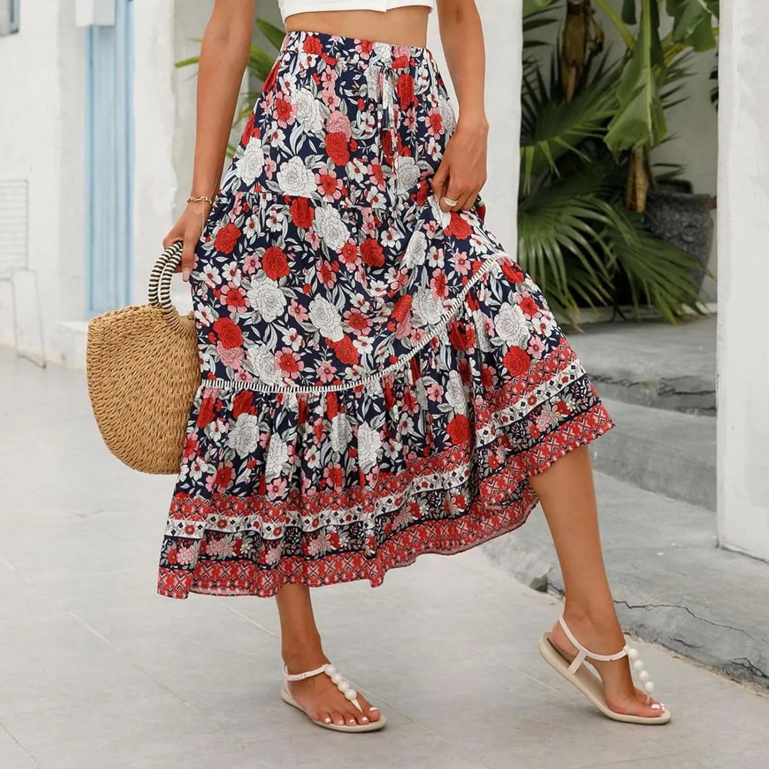 Womens Boho Maxi Skirts Vintage Elastic High Waist Floral Pleated A-Line Long Skirts Beach Vacation Clothes