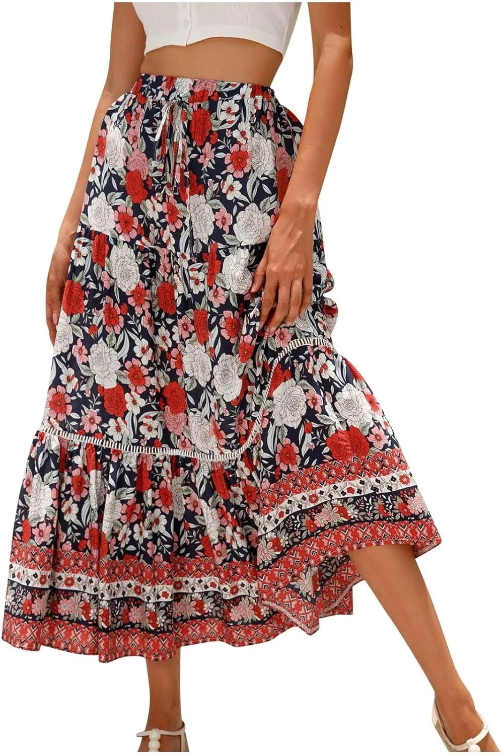 Womens Boho Maxi Skirts Vintage Elastic High Waist Floral Pleated A-Line Long Skirts Beach Vacation Clothes