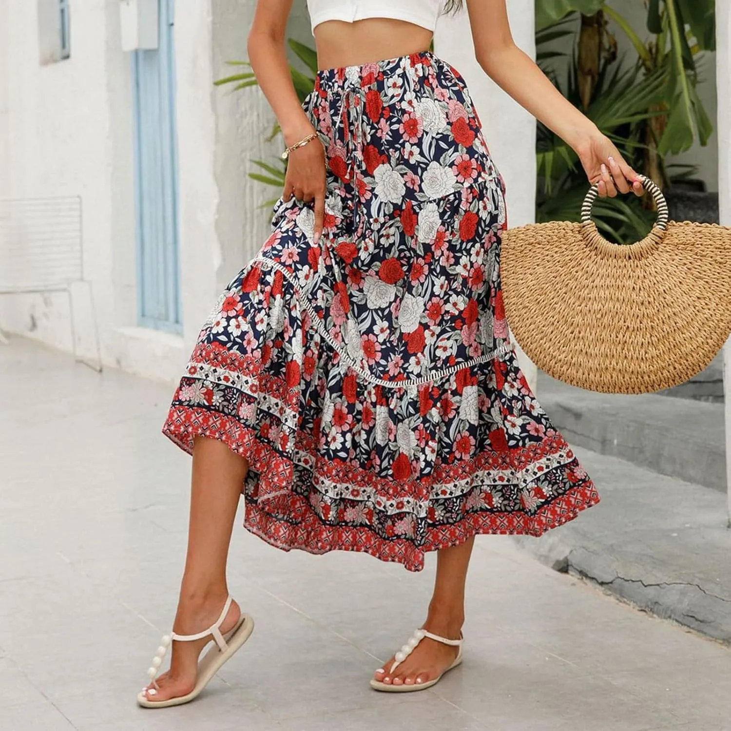 Womens Boho Maxi Skirts Vintage Elastic High Waist Floral Pleated A-Line Long Skirts Beach Vacation Clothes