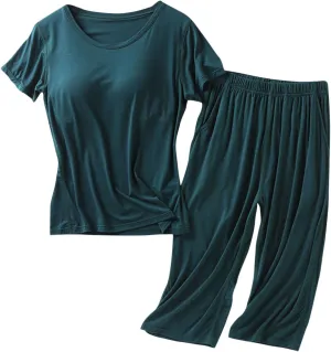 Womens Built in Bra Pajamas Sets Casual Short Sleeve Nightshirts with Long Pants Soft Modal Pjs Sleepwear Lounge Set
