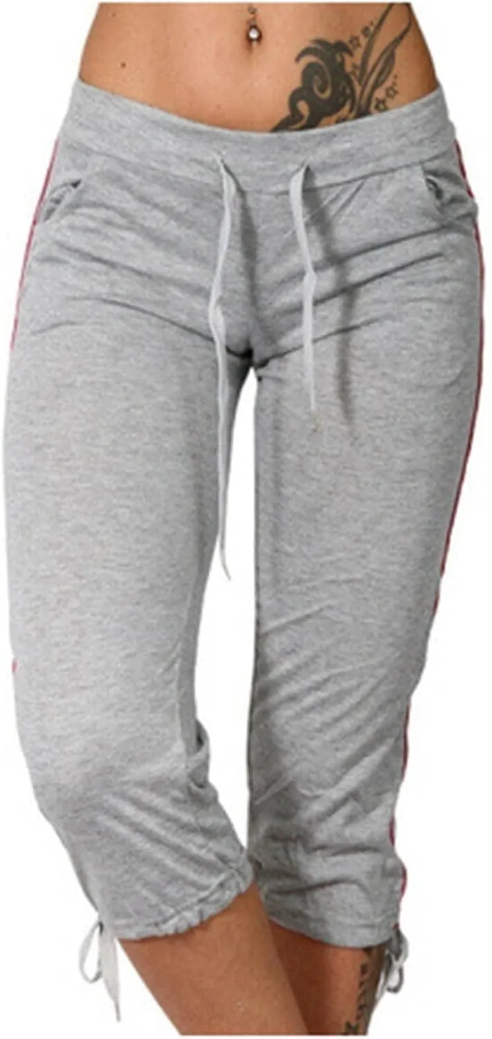 Womens Capri Yoga Pants Casual Loose Elastic Waist Workout Running Joggers Plus Size Lounge Cropped Pant with Pocket
