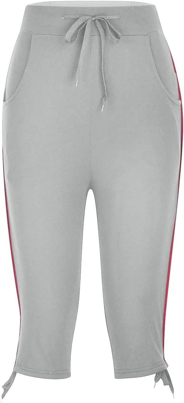 Womens Capri Yoga Pants Casual Loose Elastic Waist Workout Running Joggers Plus Size Lounge Cropped Pant with Pocket