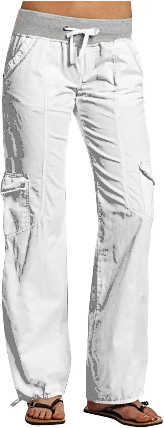 Women's Cargo Pants Soft Lightweight Elastic Waist with Pockets Trousers Athletic Hiking Straight Leg Sweatpants